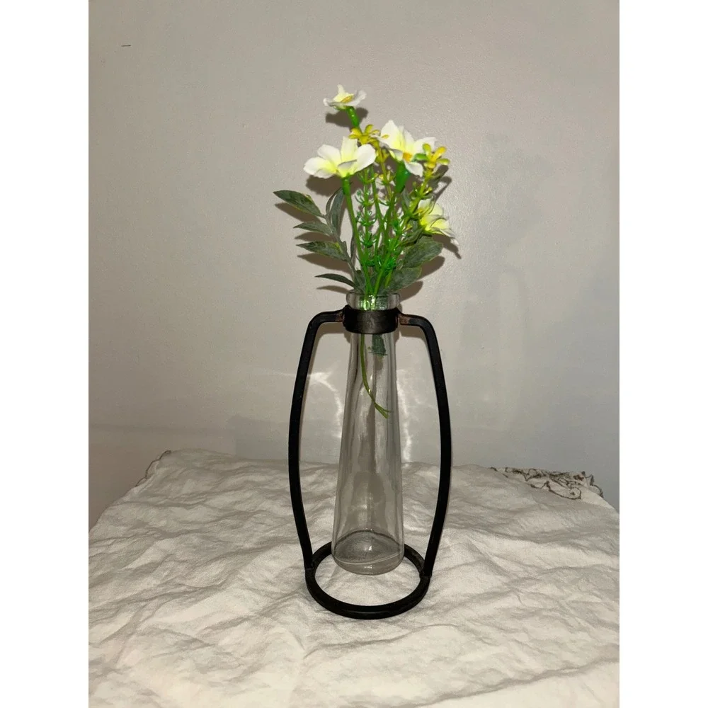 Modern Minimalist Glass Bud Vase with Black Metal Frame Industrial Decor 7.5in